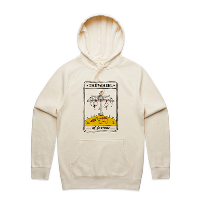 The Wheel Tarot Hoodie by Lonely Kids Club. All clothing from our T-shirts to our shorts and hoodies are ethically made, and printed packed and shipped from Sydney.
