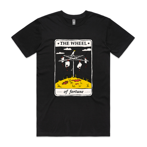 The Wheel Tarot Tee by Lonely Kids Club. All clothing from our T-shirts to our shorts and hoodies are ethically made, and printed packed and shipped from Sydney.