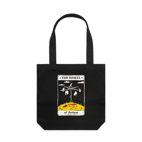 The Wheel Tarot Tote by Lonely Kids Club. All clothing from our T-shirts to our shorts and hoodies are ethically made, and printed packed and shipped from Sydney.
