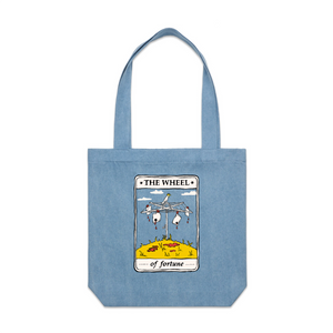 The Wheel Tarot Tote by Lonely Kids Club. All clothing from our T-shirts to our shorts and hoodies are ethically made, and printed packed and shipped from Sydney.
