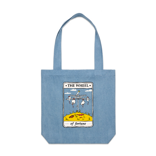 The Wheel Tarot Tote by Lonely Kids Club. All clothing from our T-shirts to our shorts and hoodies are ethically made, and printed packed and shipped from Sydney.