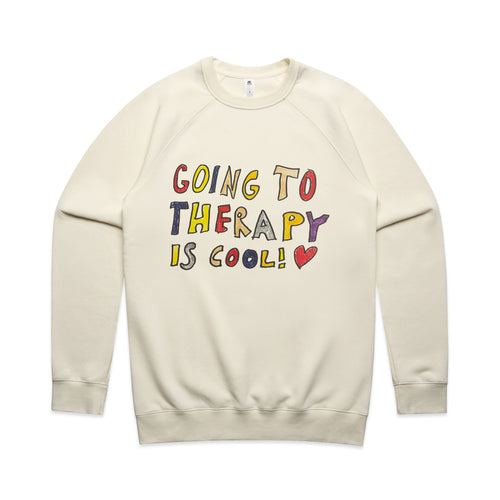 Therapy Is Cool Jumper by Lonely Kids Club. All clothing from our T-shirts to our shorts and hoodies are ethically made, and printed packed and shipped from Sydney.