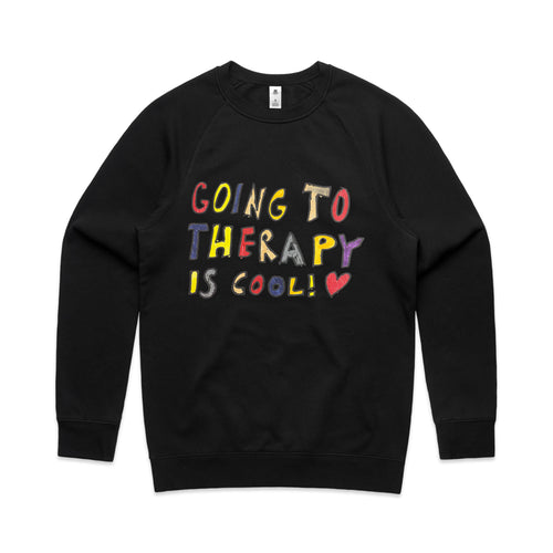 Therapy Is Cool Jumper by Lonely Kids Club. All clothing from our T-shirts to our shorts and hoodies are ethically made, and printed packed and shipped from Sydney.