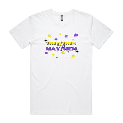 They/Them May/Hem Tee by Lonely Kids Club. All clothing from our T-shirts to our shorts and hoodies are ethically made, and printed packed and shipped from Sydney.