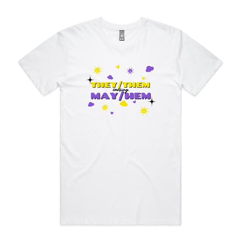 They/Them May/Hem Tee by Lonely Kids Club. All clothing from our T-shirts to our shorts and hoodies are ethically made, and printed packed and shipped from Sydney.