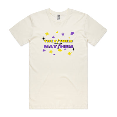 They/Them May/Hem Tee by Lonely Kids Club. All clothing from our T-shirts to our shorts and hoodies are ethically made, and printed packed and shipped from Sydney.