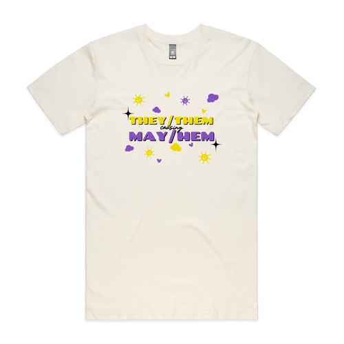 They/Them May/Hem Tee by Lonely Kids Club. All clothing from our T-shirts to our shorts and hoodies are ethically made, and printed packed and shipped from Sydney.