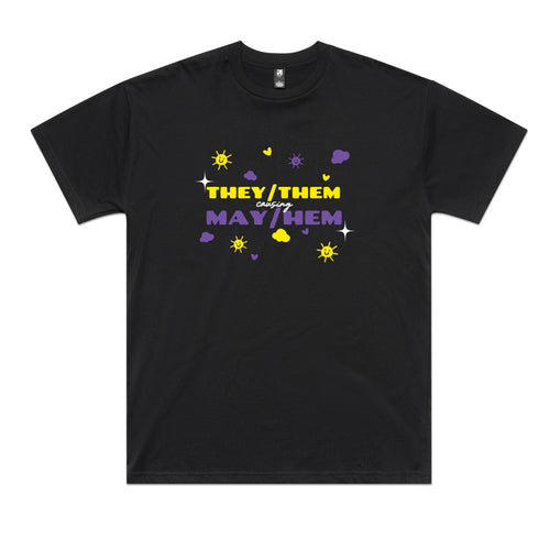 They/Them May/Hem Tee by Lonely Kids Club. All clothing from our T-shirts to our shorts and hoodies are ethically made, and printed packed and shipped from Sydney.