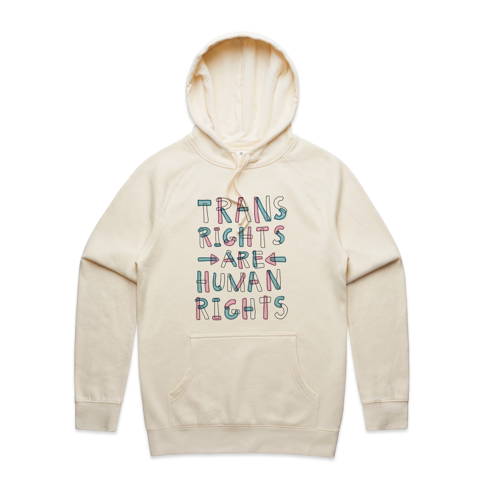 Trans Rights Are Human Rights Hoodie by Lonely Kids Club. All clothing from our T-shirts to our shorts and hoodies are ethically made, and printed packed and shipped from Sydney.