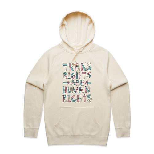 Trans Rights Are Human Rights Hoodie by Lonely Kids Club. All clothing from our T-shirts to our shorts and hoodies are ethically made, and printed packed and shipped from Sydney.