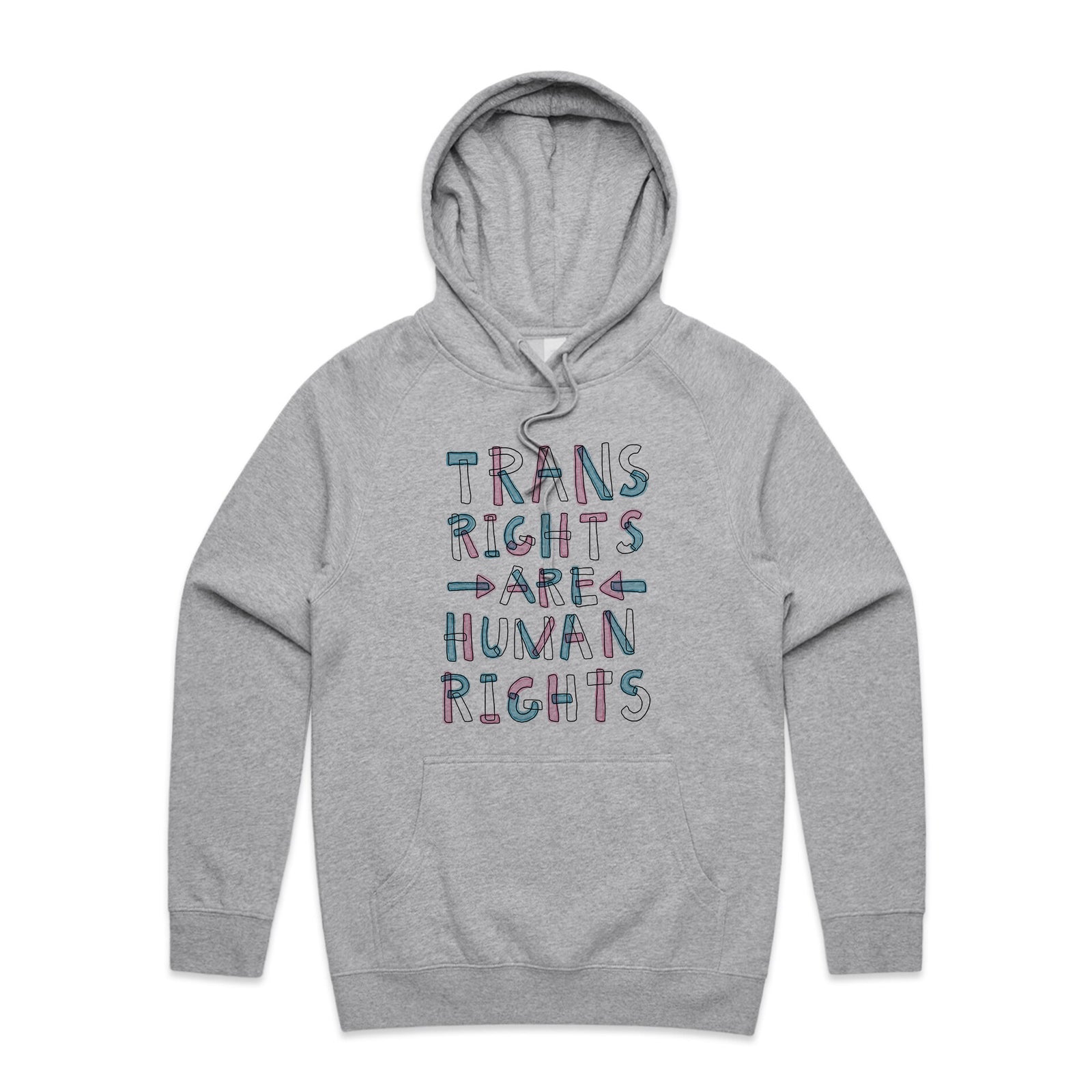Trans Rights Are Human Rights Hoodie by Lonely Kids Club. All clothing from our T-shirts to our shorts and hoodies are ethically made, and printed packed and shipped from Sydney.