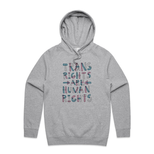 Trans Rights Are Human Rights Hoodie by Lonely Kids Club. All clothing from our T-shirts to our shorts and hoodies are ethically made, and printed packed and shipped from Sydney.