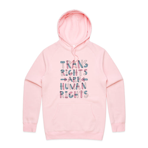 Trans Rights Are Human Rights Hoodie by Lonely Kids Club. All clothing from our T-shirts to our shorts and hoodies are ethically made, and printed packed and shipped from Sydney.
