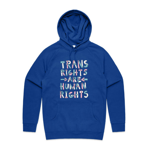 Trans Rights Are Human Rights Hoodie by Lonely Kids Club. All clothing from our T-shirts to our shorts and hoodies are ethically made, and printed packed and shipped from Sydney.