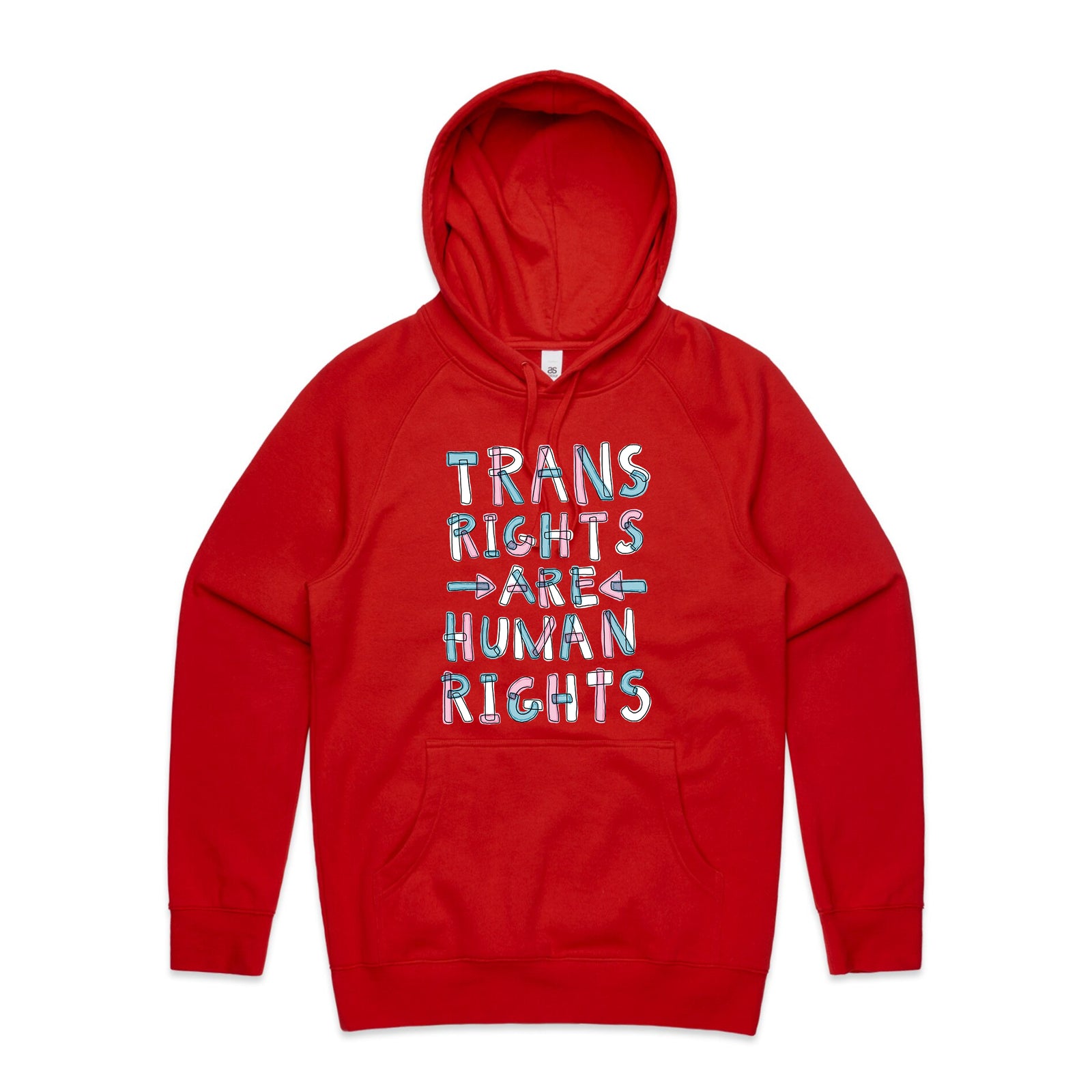Trans Rights Are Human Rights Hoodie by Lonely Kids Club. All clothing from our T-shirts to our shorts and hoodies are ethically made, and printed packed and shipped from Sydney.