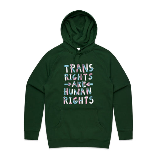 Trans Rights Are Human Rights Hoodie by Lonely Kids Club. All clothing from our T-shirts to our shorts and hoodies are ethically made, and printed packed and shipped from Sydney.