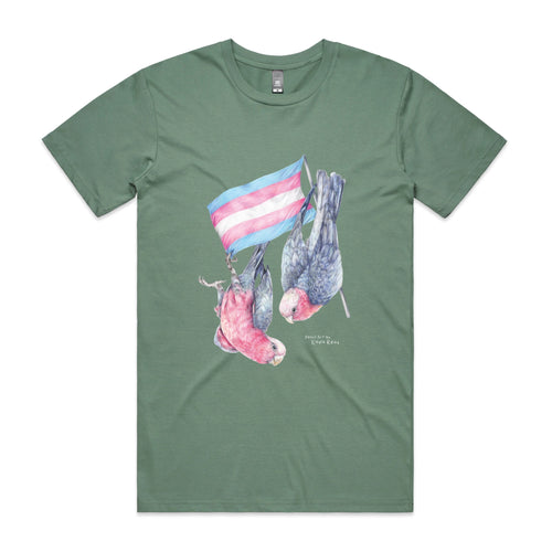 Trans Flag & Galahs Tee by Lonely Kids Club. All clothing from our T-shirts to our shorts and hoodies are ethically made, and printed packed and shipped from Sydney.