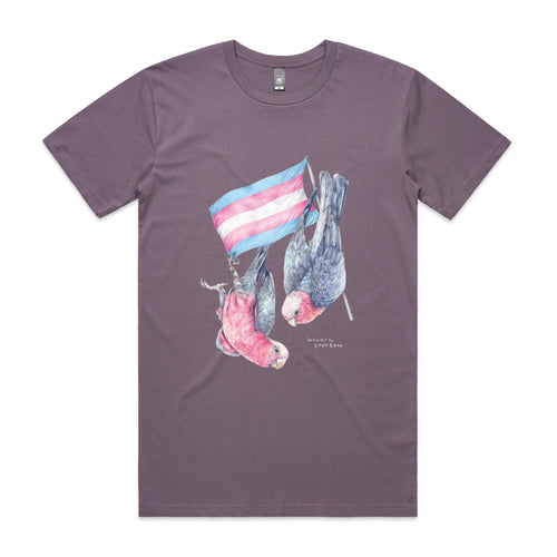 Trans Flag & Galahs Tee by Lonely Kids Club. All clothing from our T-shirts to our shorts and hoodies are ethically made, and printed packed and shipped from Sydney.