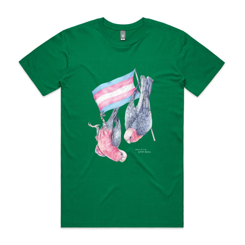 Trans Flag & Galahs Tee by Lonely Kids Club. All clothing from our T-shirts to our shorts and hoodies are ethically made, and printed packed and shipped from Sydney.