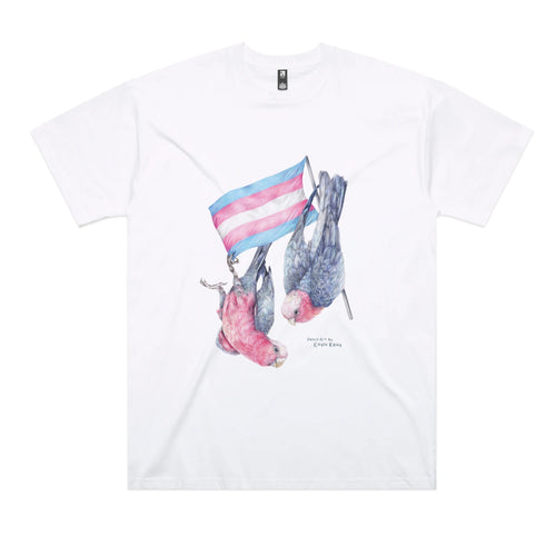 Trans Flag & Galahs Tee by Lonely Kids Club. All clothing from our T-shirts to our shorts and hoodies are ethically made, and printed packed and shipped from Sydney.