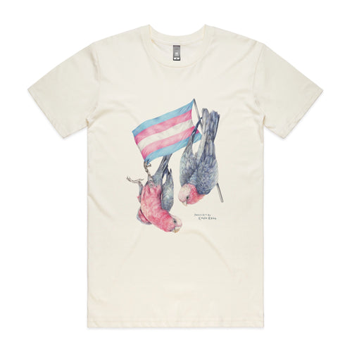 Trans Flag & Galahs Tee by Lonely Kids Club. All clothing from our T-shirts to our shorts and hoodies are ethically made, and printed packed and shipped from Sydney.