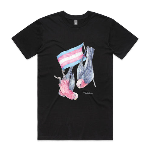 Trans Flag & Galahs Tee by Lonely Kids Club. All clothing from our T-shirts to our shorts and hoodies are ethically made, and printed packed and shipped from Sydney.