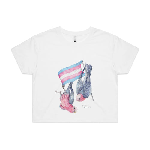 Trans Flag & Galahs Tee by Lonely Kids Club. All clothing from our T-shirts to our shorts and hoodies are ethically made, and printed packed and shipped from Sydney.