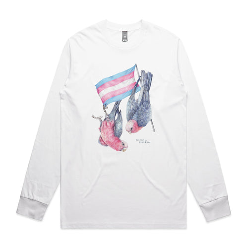 Trans Flag & Galahs Tee by Lonely Kids Club. All clothing from our T-shirts to our shorts and hoodies are ethically made, and printed packed and shipped from Sydney.