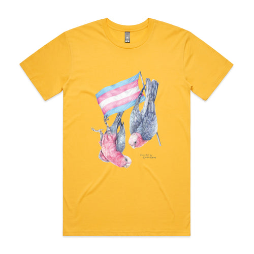 Trans Flag & Galahs Tee by Lonely Kids Club. All clothing from our T-shirts to our shorts and hoodies are ethically made, and printed packed and shipped from Sydney.