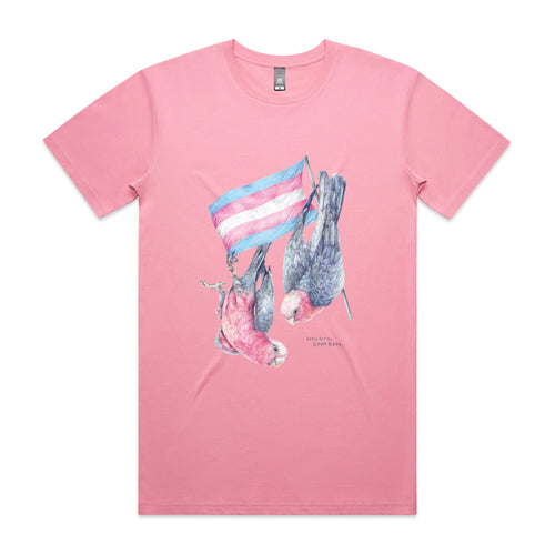 Trans Flag & Galahs Tee by Lonely Kids Club. All clothing from our T-shirts to our shorts and hoodies are ethically made, and printed packed and shipped from Sydney.