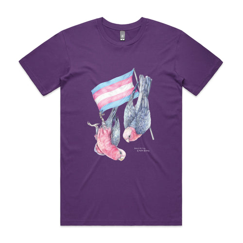 Trans Flag & Galahs Tee by Lonely Kids Club. All clothing from our T-shirts to our shorts and hoodies are ethically made, and printed packed and shipped from Sydney.