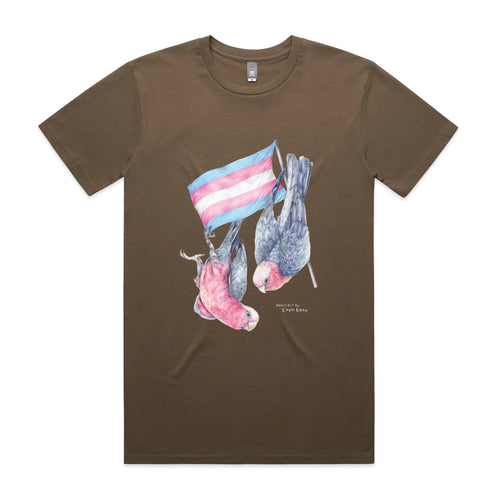 Trans Flag & Galahs Tee by Lonely Kids Club. All clothing from our T-shirts to our shorts and hoodies are ethically made, and printed packed and shipped from Sydney.