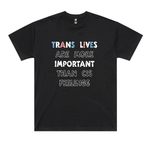 Trans Lives Tee by Lonely Kids Club. All clothing from our T-shirts to our shorts and hoodies are ethically made, and printed packed and shipped from Sydney.