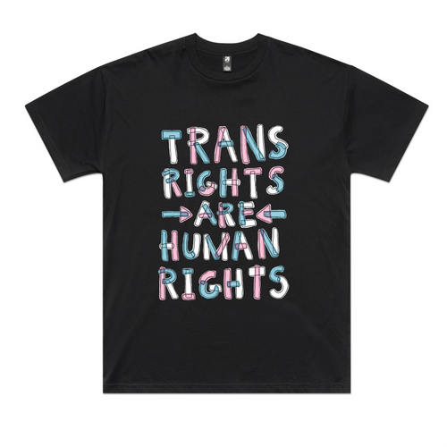 Trans Rights Are Human Rights Oversized Tee by Lonely Kids Club. All clothing from our T-shirts to our shorts and hoodies are ethically made, and printed packed and shipped from Sydney.