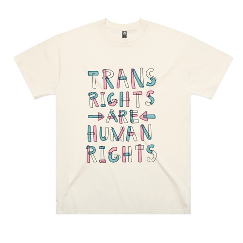 Trans Rights Are Human Rights Oversized Tee by Lonely Kids Club. All clothing from our T-shirts to our shorts and hoodies are ethically made, and printed packed and shipped from Sydney.