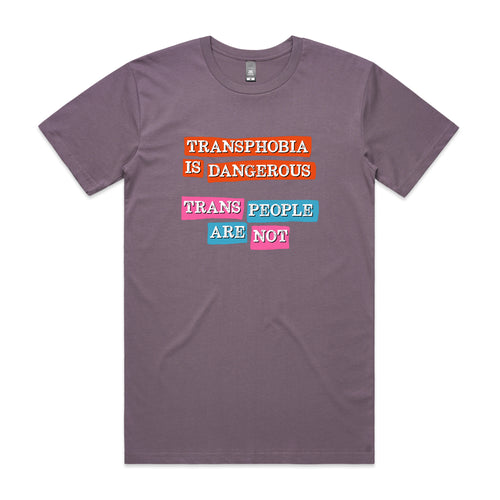Transphobia Is Dangerous Tee by Lonely Kids Club. All clothing from our T-shirts to our shorts and hoodies are ethically made, and printed packed and shipped from Sydney.