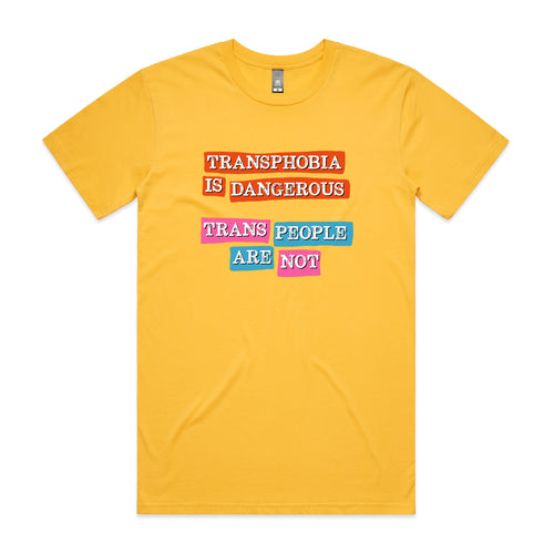 Transphobia Is Dangerous Tee by Lonely Kids Club. All clothing from our T-shirts to our shorts and hoodies are ethically made, and printed packed and shipped from Sydney.