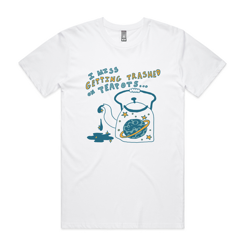 Trashed On Teapots Tee by Lonely Kids Club. All clothing from our T-shirts to our shorts and hoodies are ethically made, and printed packed and shipped from Sydney.