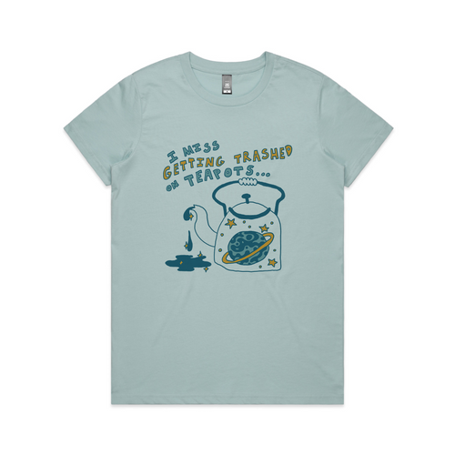 Trashed On Teapots Tee by Lonely Kids Club. All clothing from our T-shirts to our shorts and hoodies are ethically made, and printed packed and shipped from Sydney.