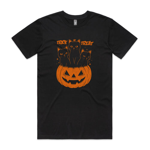 Trick Or Treat Cats Tee by Lonely Kids Club. All clothing from our T-shirts to our shorts and hoodies are ethically made, and printed packed and shipped from Sydney.