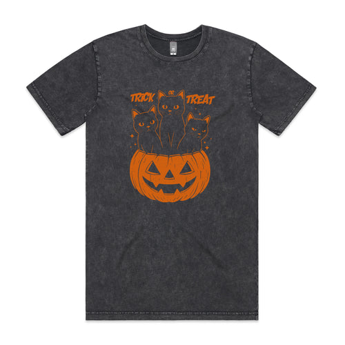 Trick Or Treat Cats Tee by Lonely Kids Club. All clothing from our T-shirts to our shorts and hoodies are ethically made, and printed packed and shipped from Sydney.