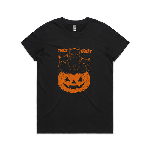 Trick Or Treat Cats Tee by Lonely Kids Club. All clothing from our T-shirts to our shorts and hoodies are ethically made, and printed packed and shipped from Sydney.