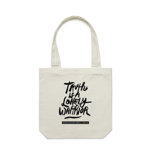 Truth Is A Lonely Warrior Tote by Lonely Kids Club. All clothing from our T-shirts to our shorts and hoodies are ethically made, and printed packed and shipped from Sydney.