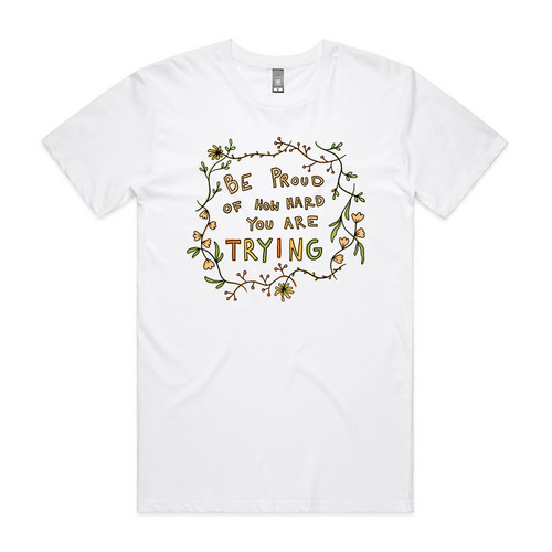 Trying Tee by Lonely Kids Club. All clothing from our T-shirts to our shorts and hoodies are ethically made, and printed packed and shipped from Sydney.