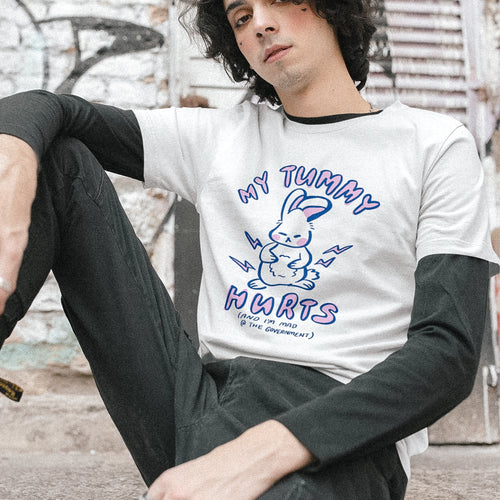 My Tummy Hurts Tee by Lonely Kids Club. All clothing from our T-shirts to our shorts and hoodies are ethically made, and printed packed and shipped from Sydney.