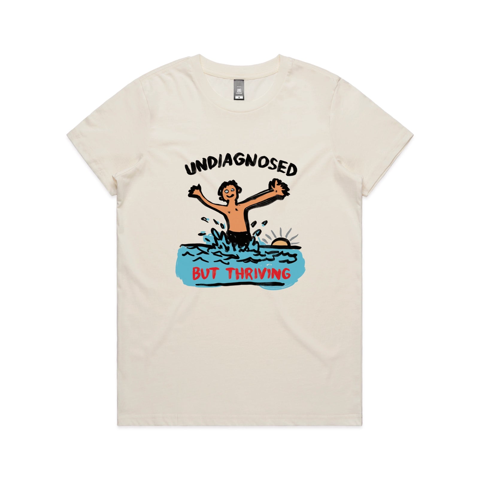 Ecru fitted womens t-shirt with Undiagnosed But Thriving graphic by Lonely Kids Club