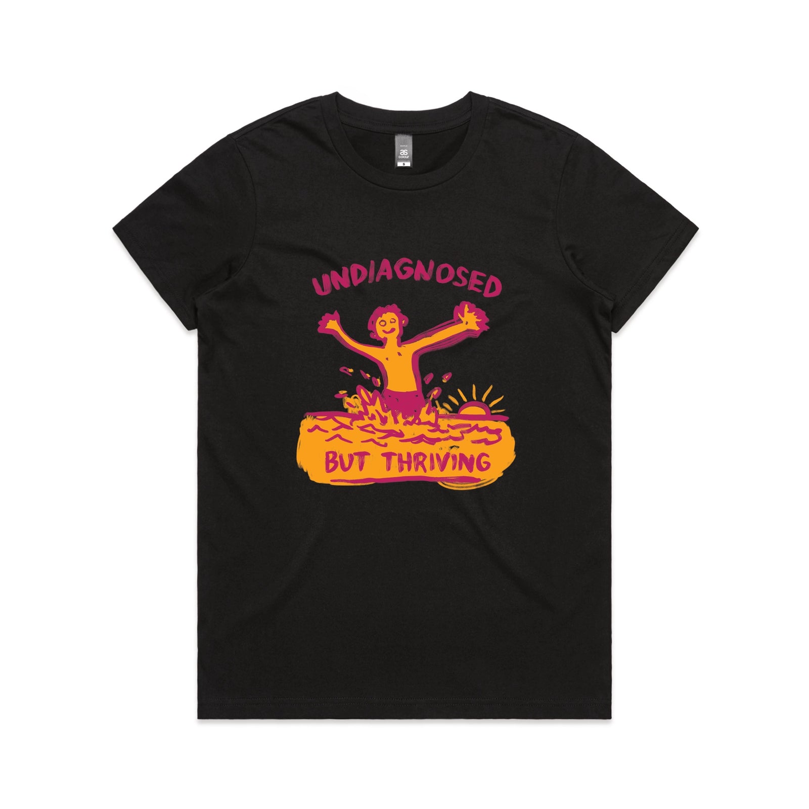 Black fitted womens t-shirt with Undiagnosed But Thriving graphic by Lonely Kids Club