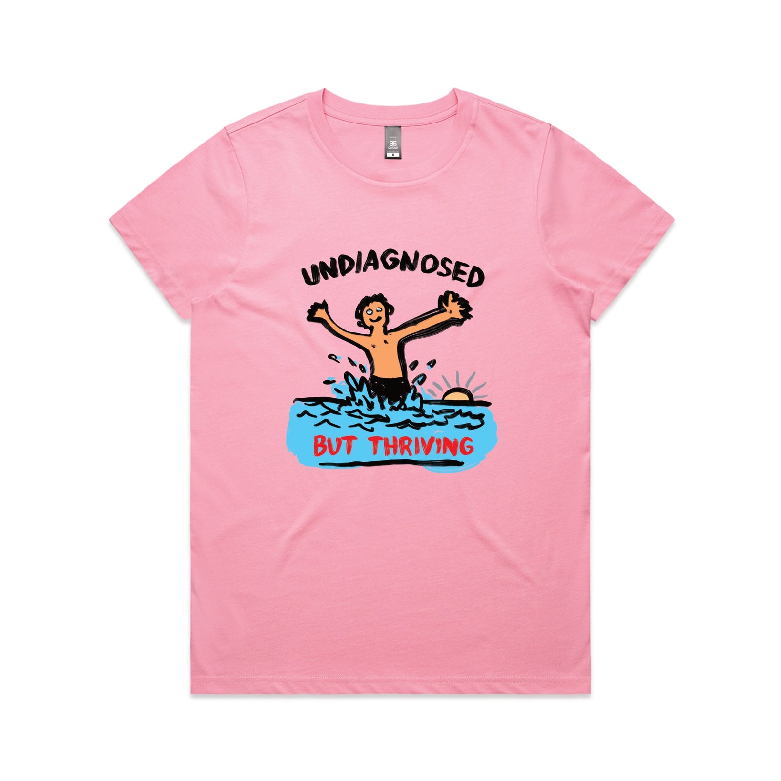 Bubblegum fitted womens t-shirt with Undiagnosed But Thriving graphic by Lonely Kids Club