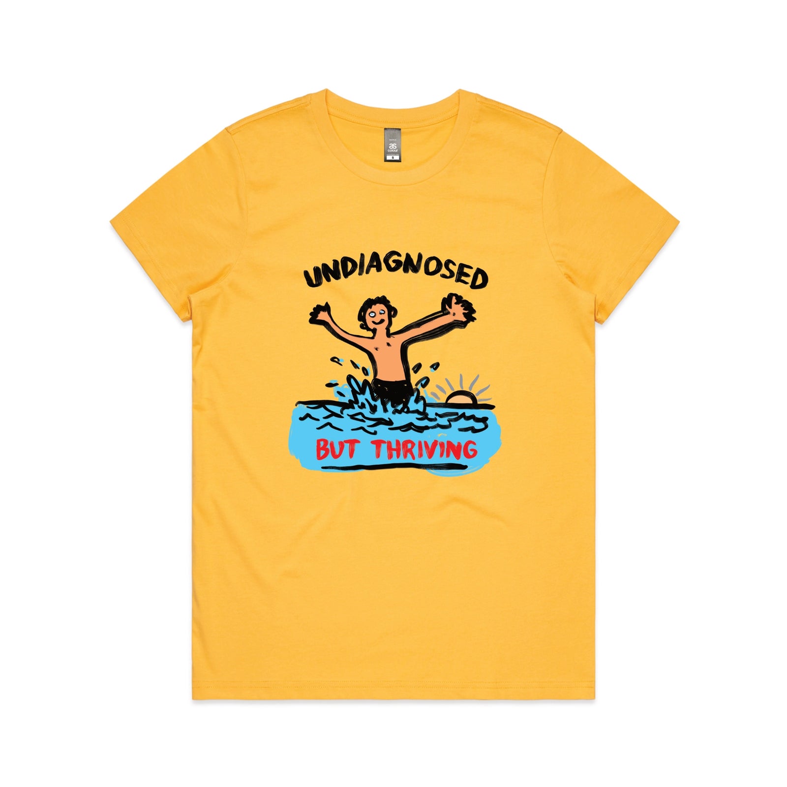 Yellow fitted womens t-shirt with Undiagnosed But Thriving graphic by Lonely Kids Club