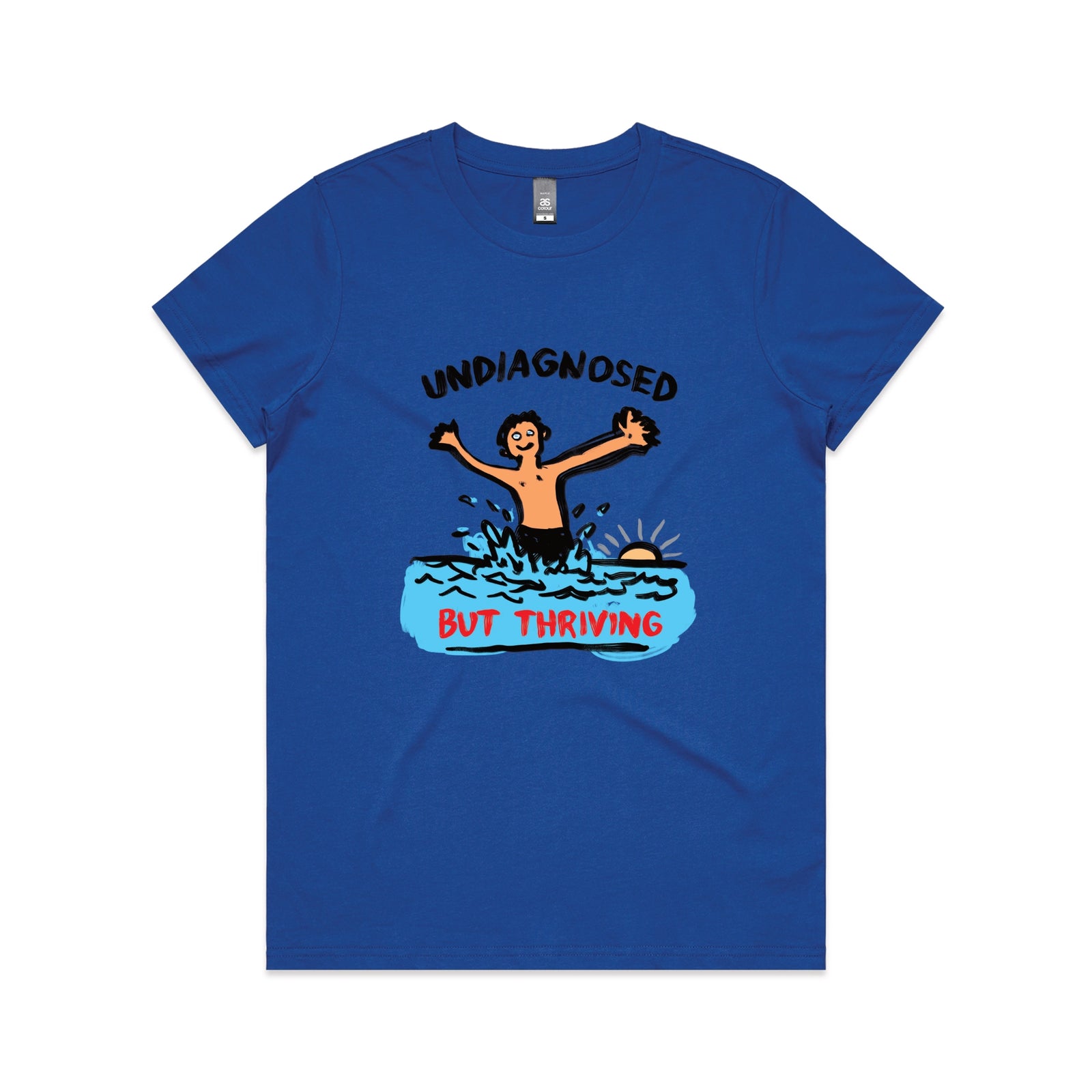 Royal Blue fitted womens t-shirt with Undiagnosed But Thriving graphic by Lonely Kids Club